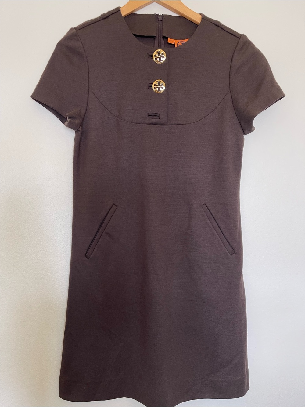 Tory Burch Chocolate Brown Short Sleeve Shift Dress with Gold Logo Buttons